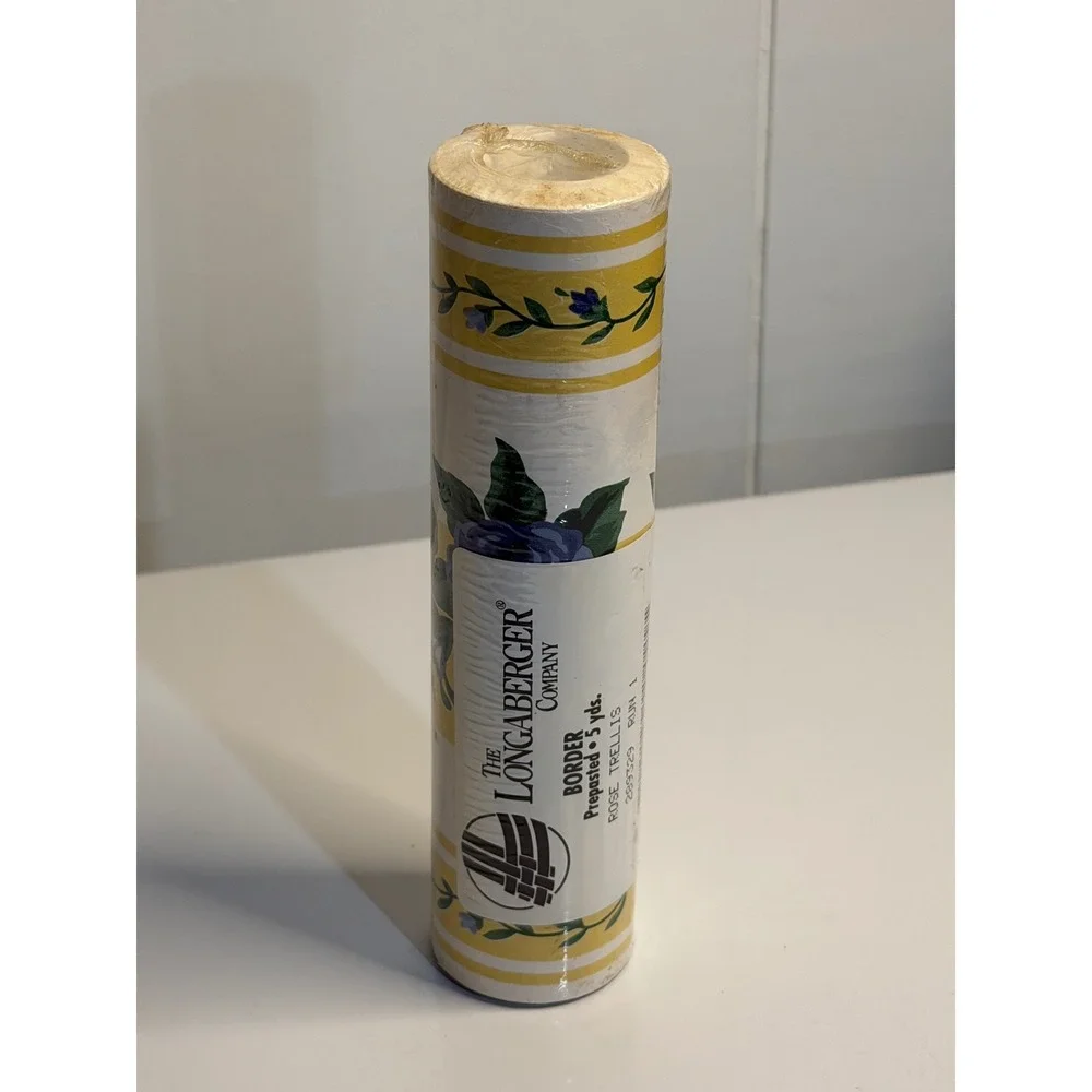 VTG Longaberger Wallpaper Border Yellow Rose Trellis Floral Prepasted 5yd 289329